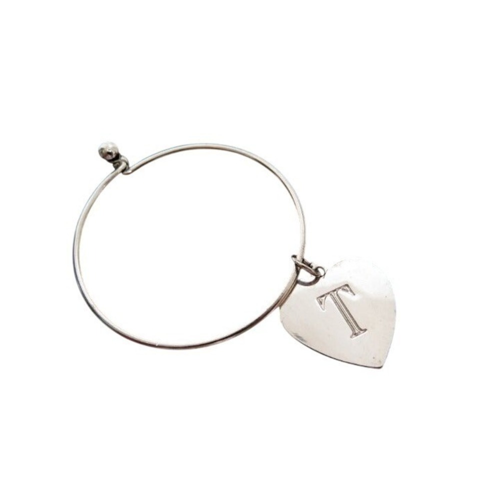 Monogram T Heart Bangle Silver Toned Charm Bangle Bracelet